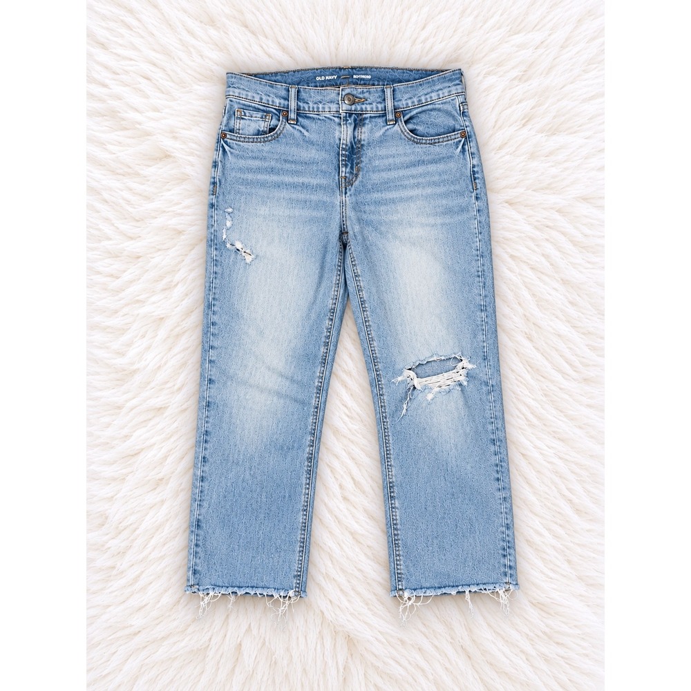 Old Navy Mid-Rise Boyfriend Jeans Light Wash Distressed Frayed Hem Size 2 Petite